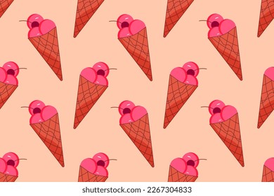 Seamless pattern with ice cream in waffle cone with cherry. Wallpaper and bed linen print.