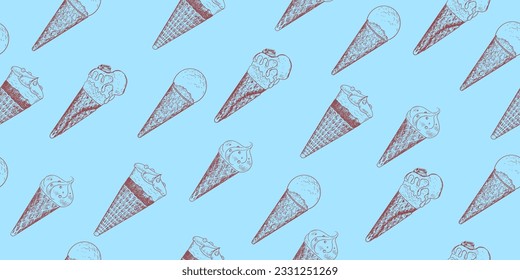 Nahtloses Muster mit Eis in Waffelkegel. Vintage-blauer Hintergrund mit Eis im Skizzenstil. Gefrierter Nachtisch. Gelato-Zeichnung mit Schraffur.