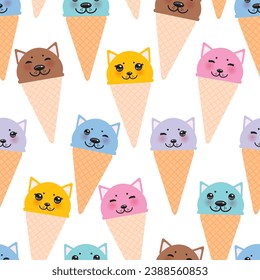 Seamless pattern Ice cream waffle cone Kawaii funny cat muzzle with pink cheeks and winking eyes blue blue lilac orange pastel colors isolated on white background. Can be used for design menu. Vector