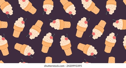 Seamless pattern ice cream with a waffle cup