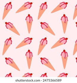 Seamless pattern with Ice cream in a waffle cone .  National ice-cream day.