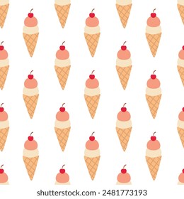 Seamless Pattern. Ice cream in waffle cone with cherry. Summer time sweet food background. Vector flat illustration.
