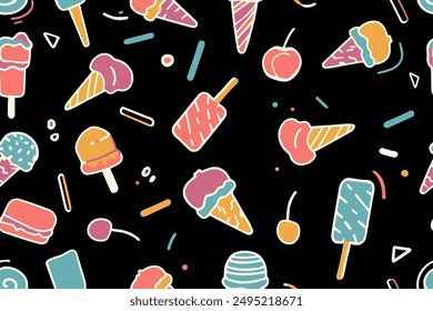  Seamless pattern ice cream in a waffle cones and bars popsicle strawberry cherry vanilla cream caramel syrup chocolate sauce jam. vector illustration