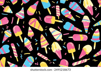 Seamless pattern ice cream in a waffle cones and bars popsicle strawberry cherry vanilla cream caramel syrup chocolate sauce jam. vector illustration