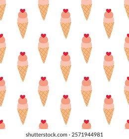 Seamless Pattern. Ice cream in waffle cone with heart. Valentine day sweet food. Vector flat illustration.