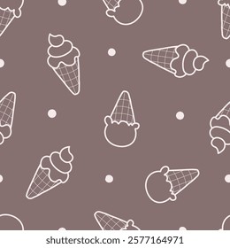 Seamless pattern with ice cream waffle cup on brown background. Use for prints, textiles, fabric, wallpaper, stationery, nursery, wrapping paper, etc. Vector illustration