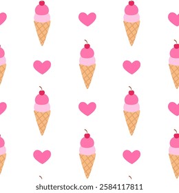 Seamless Pattern. Ice cream in waffle cone. Valentine day sweet food. Vector flat illustration.