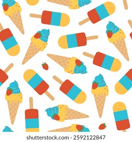 Seamless pattern with ice cream in waffle cone with strawberries and fruit popsicles on white background. Cold dessert. Summer sweets. Vector flat illustration for wallpaper, textile, packaging