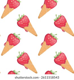 seamless pattern with ice cream waffle cone with tasty strawberry. watercolour hand drawn illustration.