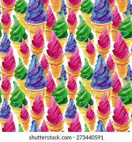Seamless pattern with ice cream waffle cones. Watercolor illustration on texture paper. Vintage style. Vector.