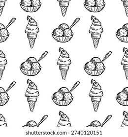 Seamless pattern with ice cream in waffle cone. Summer paper packaging design, textile print. Hand drawn vector sketch illustration in vintage doodle crayon charcoal style