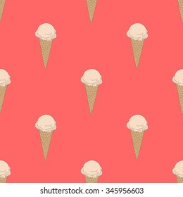 Seamless pattern of ice cream waffle cones creamy beige cream Brulee on a coral orange background.