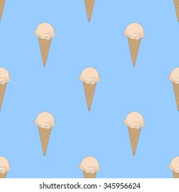 Seamless pattern of ice cream waffle cones beige cream Brulee on a blue background.