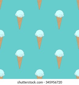 Seamless pattern of ice cream waffle cones creamy blue aquamarine background.