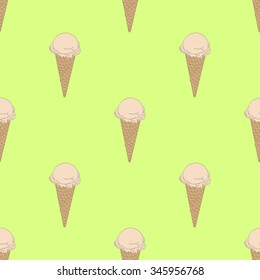 Seamless pattern of ice cream waffle cones creme brulee on a light beige background of green pistachio.