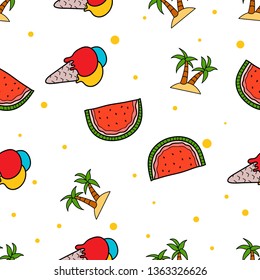 Seamless Pattern of ice cream, watermelon and palm tree hand drawn in cute colorfull doodle vector