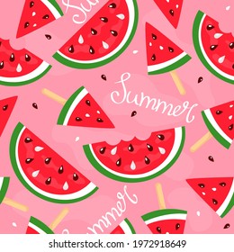 seamless pattern ice cream watermelon with seeds on a pink background with hand lettering Summer. endless vector illustration
