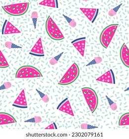 Seamless pattern with ice cream, watermelon.  Background for textile, fabric, stationery, clothes, accessories and other designs.