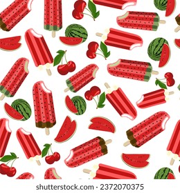 Seamless pattern ice cream watermelon with seeds and cherry flavor on a white background. Vector illustration