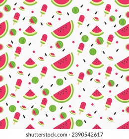 
seamless pattern ice cream watermelon with seeds on a white background with hand lettering Summer. endless vector, illustration.
