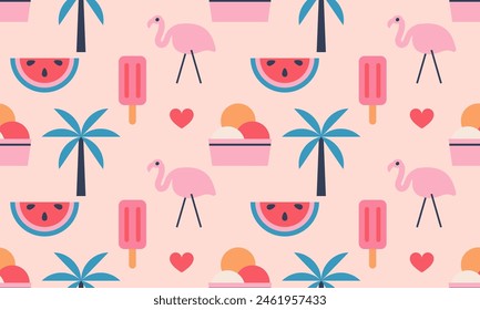 Seamless pattern with ice cream, watermelon, heart, flamingo, palm tree. Summer background for your design. Sea, ocean design. Cute holiday pattern