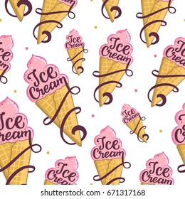 Seamless pattern with ice cream. White summer background with lettering and ice cream and swirls for textile and your design.