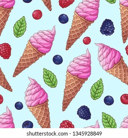 Seamless pattern ice cream wild berries. Vector illustration