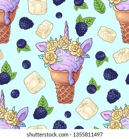 Seamless pattern ice cream wild berries. Vector illustration
