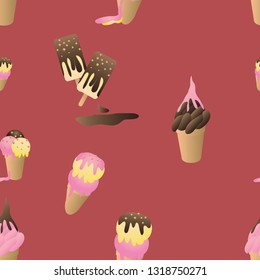 Seamless pattern with ice cream. Wrapping paper, fabric, wallpaper, background design. Summer food cartoon flat style. Red or maroon.