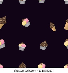 Seamless pattern with ice cream. Wrapping paper, fabric, wallpaper, background design. Summer food cartoon flat style. Black.