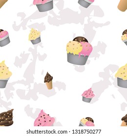 Seamless pattern with ice cream. Wrapping paper, fabric, wallpaper, background design. Summer food cartoon flat style. White.