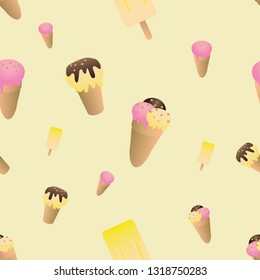 Seamless pattern with ice cream. Wrapping paper, fabric, wallpaper, background design. Summer food cartoon flat style. Pale yellow.