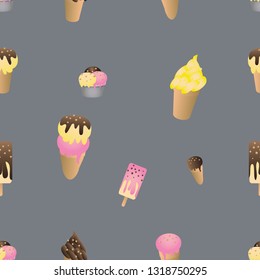 Seamless pattern with ice cream. Wrapping paper, fabric, wallpaper, background design. Summer food cartoon flat style. Gray or grey.