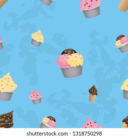 Seamless pattern with ice cream. Wrapping paper, fabric, wallpaper, background design. Summer food cartoon flat style. Blue.