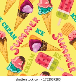 Seamless pattern of ice cream wtih drops in cartoon style.  Chocolate, waffle, Watermelon, banana, strawberry, vanilla. Cone, cup, stick. Summer ice cream - lettering. 
Print for wallpaper, packaging