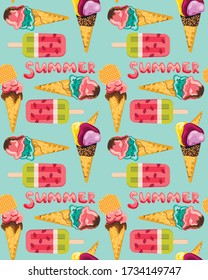 Seamless pattern of ice cream wtih drops in cartoon style.  Chocolate, waffle, Watermelon, banana, strawberry, vanilla. Cone, cup, stick. Summer ice cream - lettering. 
Print for wallpaper, packaging