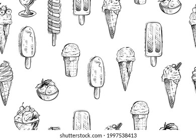 Seamless pattern of ice creamdrawings, monochrome, vector