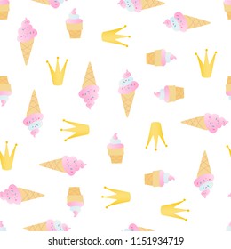 A seamless pattern with ice creams, cakes, crowns,