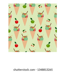 Seamless pattern ice creams, cherries, apples. Colorful design for textile, wallpaper, fabric, decor, t shirt.
