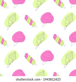 Patrón incomparable de helados de diferentes formas en colores rosa y verde. Ilustración vectorial de estilo de dibujos animados. Estilo de doodle dibujado a mano.