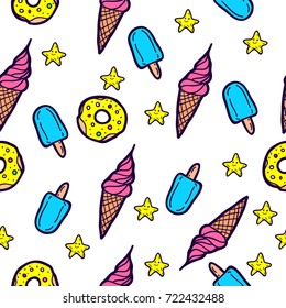 Seamless pattern with ice creams donuts and stars, vector illustration