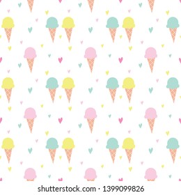 Seamless pattern with ice creams and hearts. Multi-colored ice cream on a white background. Vector illustration.