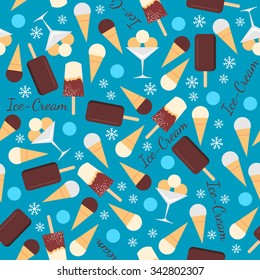 Seamless pattern with ice creams isolated on blue background. Waffle cones, ice cream on a stick. Delicious refreshing frozen sweets. Can be used for wallpaper design. Vector illustration