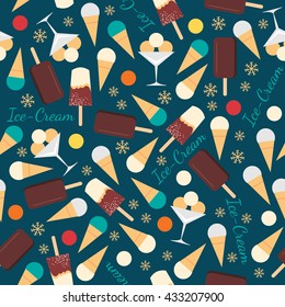 Seamless pattern with ice creams isolated on blue background. Waffle cones, ice cream on a stick. Delicious refreshing frozen sweets. Can be used for wallpaper design. Vector illustration