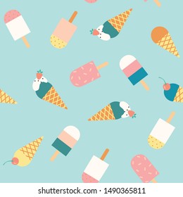 Seamless pattern with ice creams on blue background. Vector illustration. 