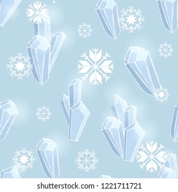 Seamless pattern with ice crystals and snowflakes