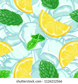Seamless pattern of ice cubes, mint and lemon. Vector illustration in flat style. Mojito. Background template.