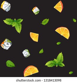 Seamless pattern with ice cubes, mint leaves and orange on black background. Perfect summer decoration for menu, restaurant business, packaging, textile or fabric.