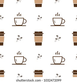 Seamless pattern with ice cup of coffee icon and outline  hot cup of coffee  on a white background. Vector repeating texture.