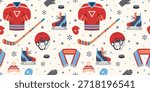 Seamless pattern with ice hockey equipment and uniform elements for winter team sport and competition themes. Trendy vector illustration on a light background, hand drawn, flat design
